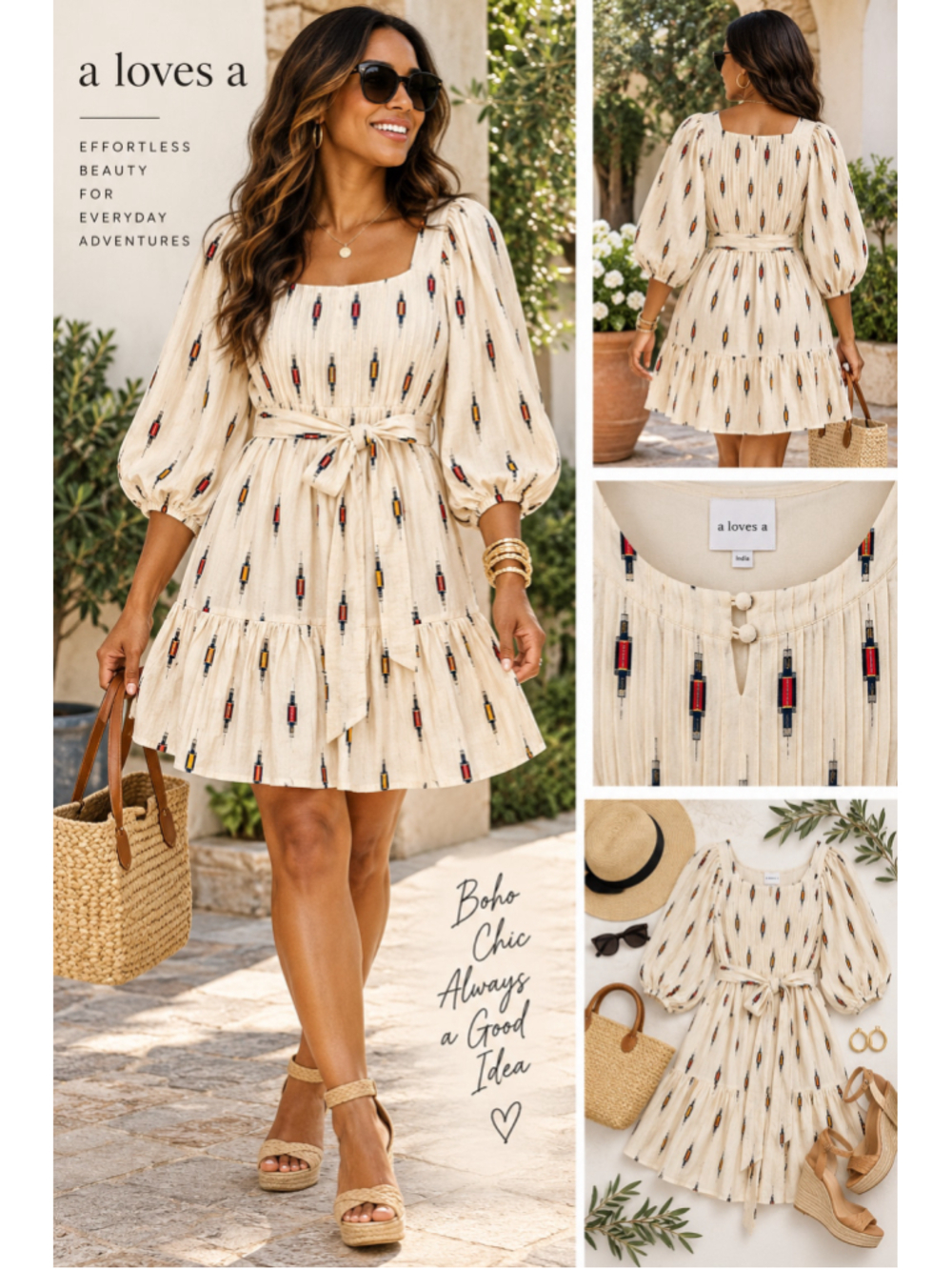 NWT A Loves A Cream Cotton Ikat Print Puff Sleeve Tier Mini Dress Belted Size S